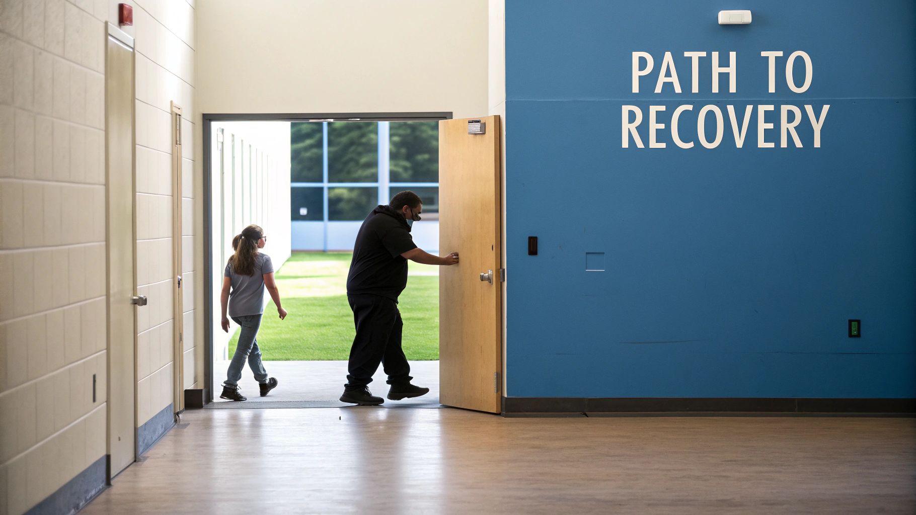 A man closes a door as a person walks out towards a grassy area, next to a blue wall with 'PATH TO RECOVERY'.