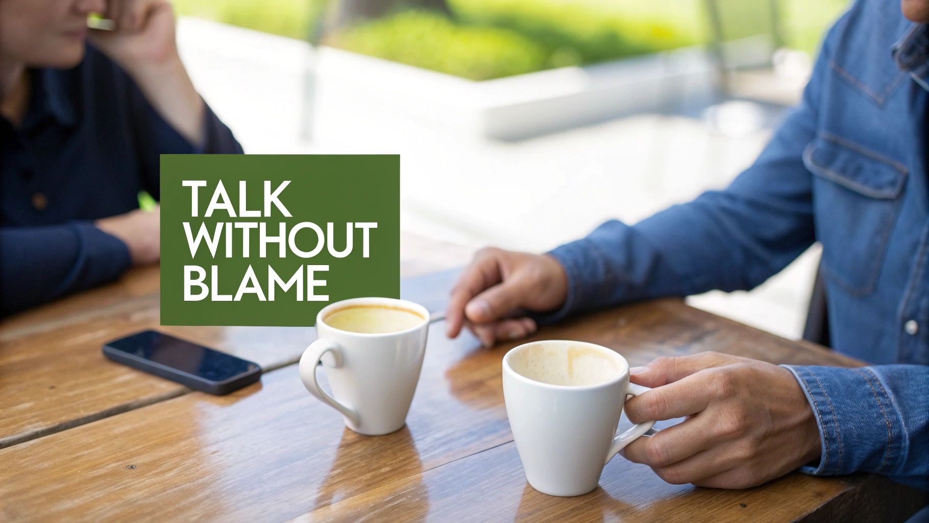 Two people sitting at a wooden table with coffee cups, a phone, and 'TALK WITHOUT BLAME' text.