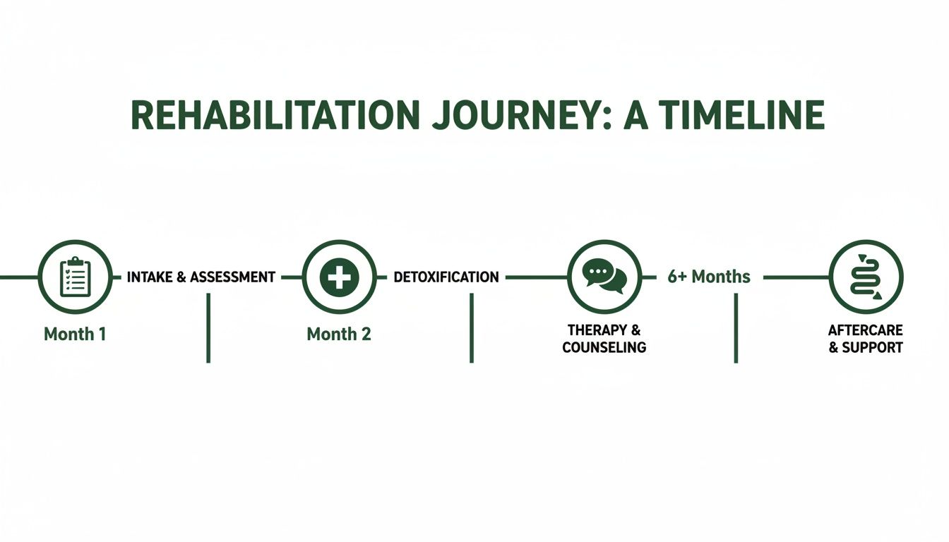 A clear timeline illustrating the rehabilitation journey, from initial intake to aftercare and support.