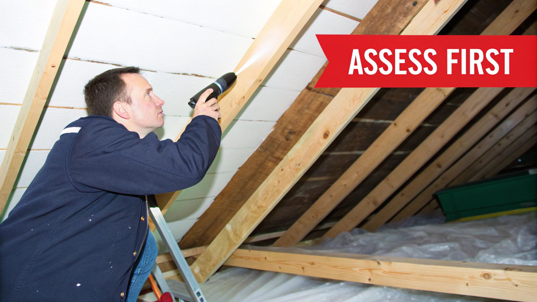 Man inspecting an attic with a flashlight, checking wooden beams and insulation, with an "ASSESS FIRST" banner.