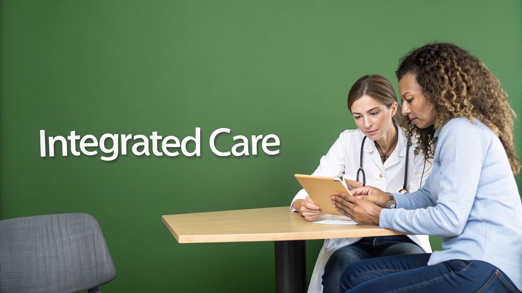 A female doctor discusses a treatment plan with a patient using a tablet in a bright, modern office.