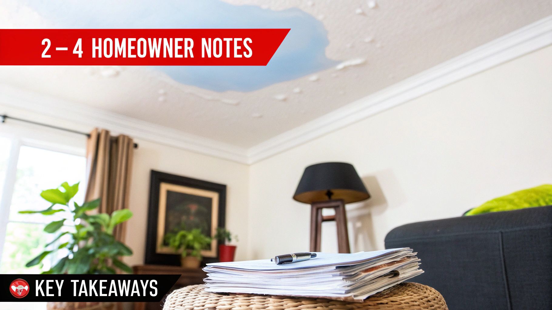 A close-up view of a ceiling with significant water damage, including a large blue stain and peeling paint.
