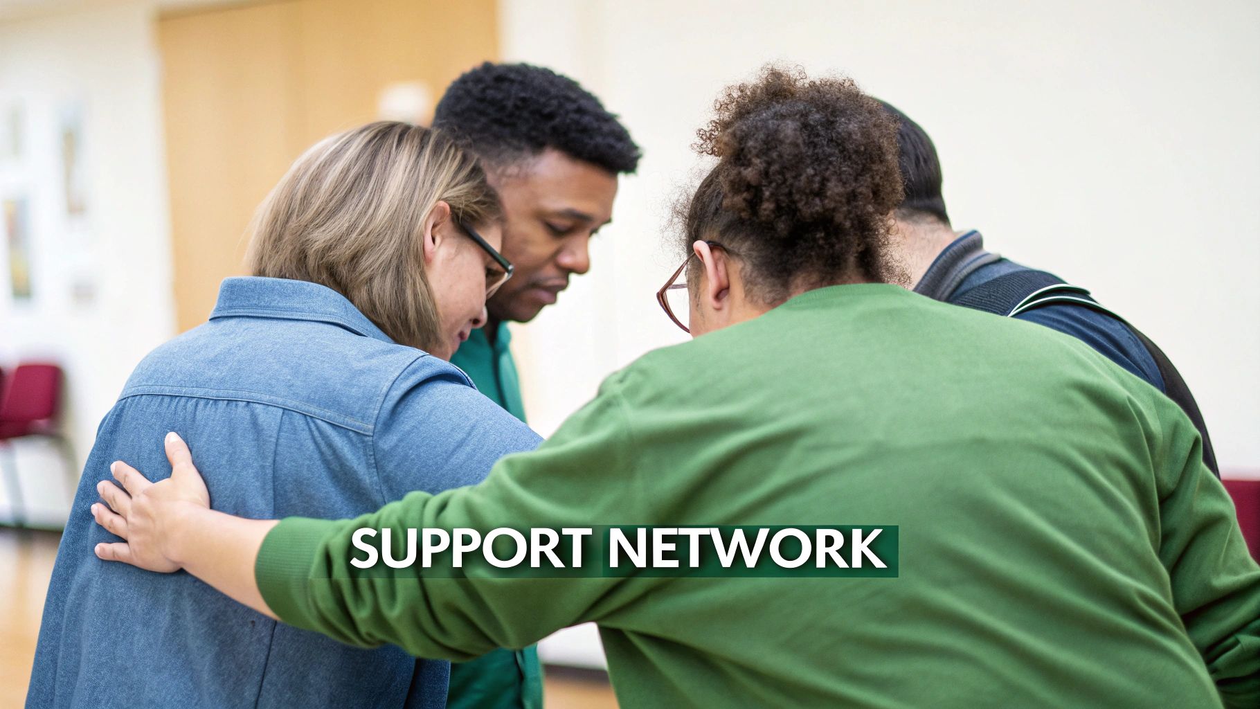 Four diverse individuals form a huddle, one hand gently resting on another's back in a support network.