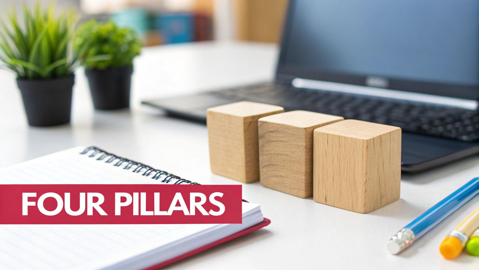 How to Improve Customer Retention Four wooden blocks representing pillars on desk with laptop, notebook, and office supplies