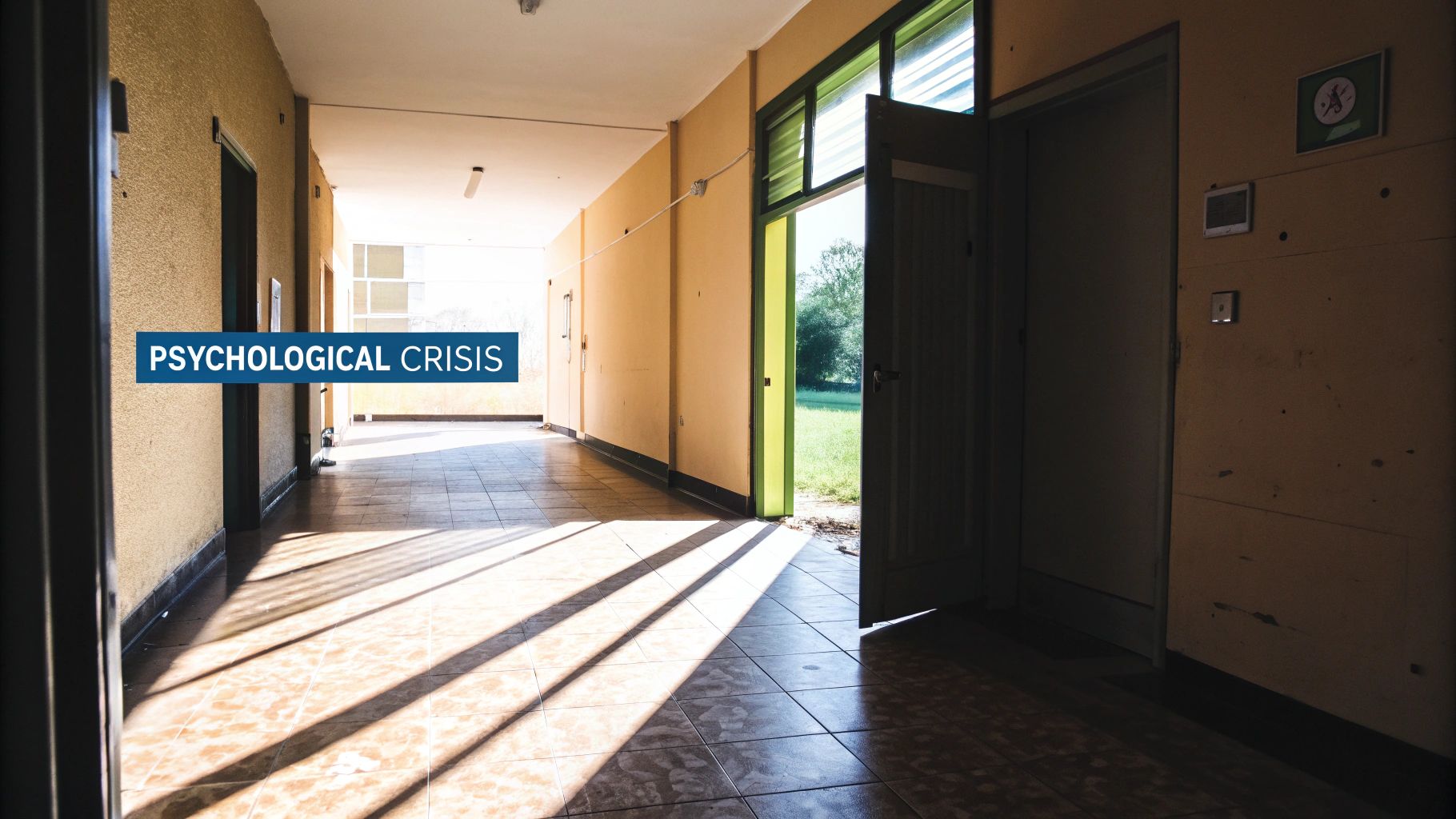An empty hallway with sunlight streaming in, with a banner that reads 'PSYCHOLOGICAL CRISIS'.