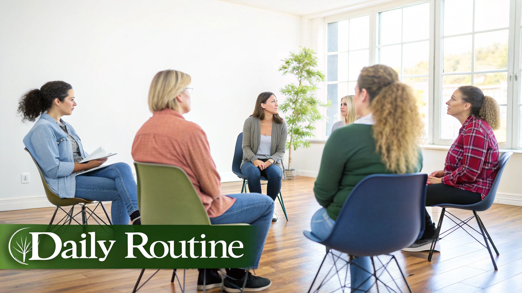 A group of diverse women sitting in a circle in a bright room, engaged in a group therapy session.