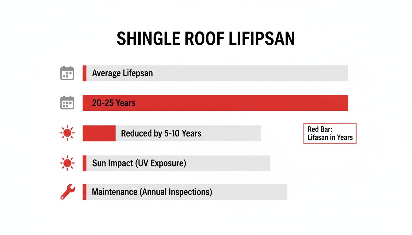 Infographic displaying shingle roof lifespan, factors affecting it like sun exposure, and maintenance, with an average of 20-25 years.
