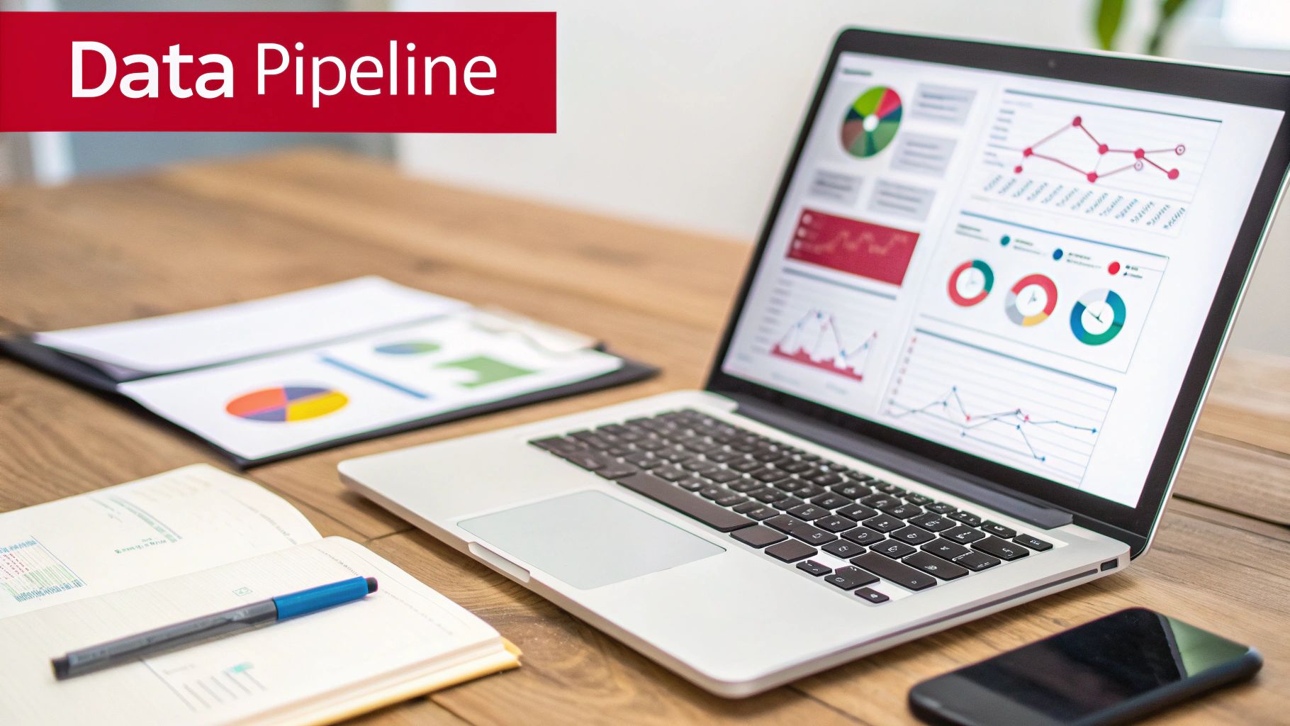 Laptop displaying data visualizations and charts for business analysis, with a 'Data Pipeline' banner.