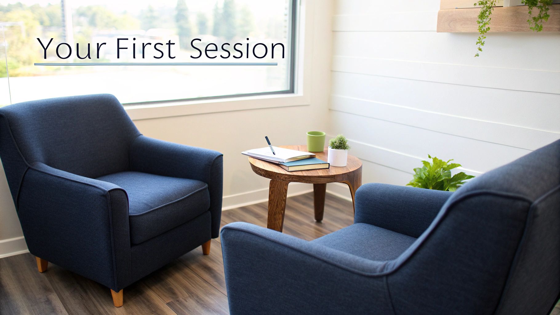 A comfortable and inviting therapy room with two blue chairs, a side table, and natural light.