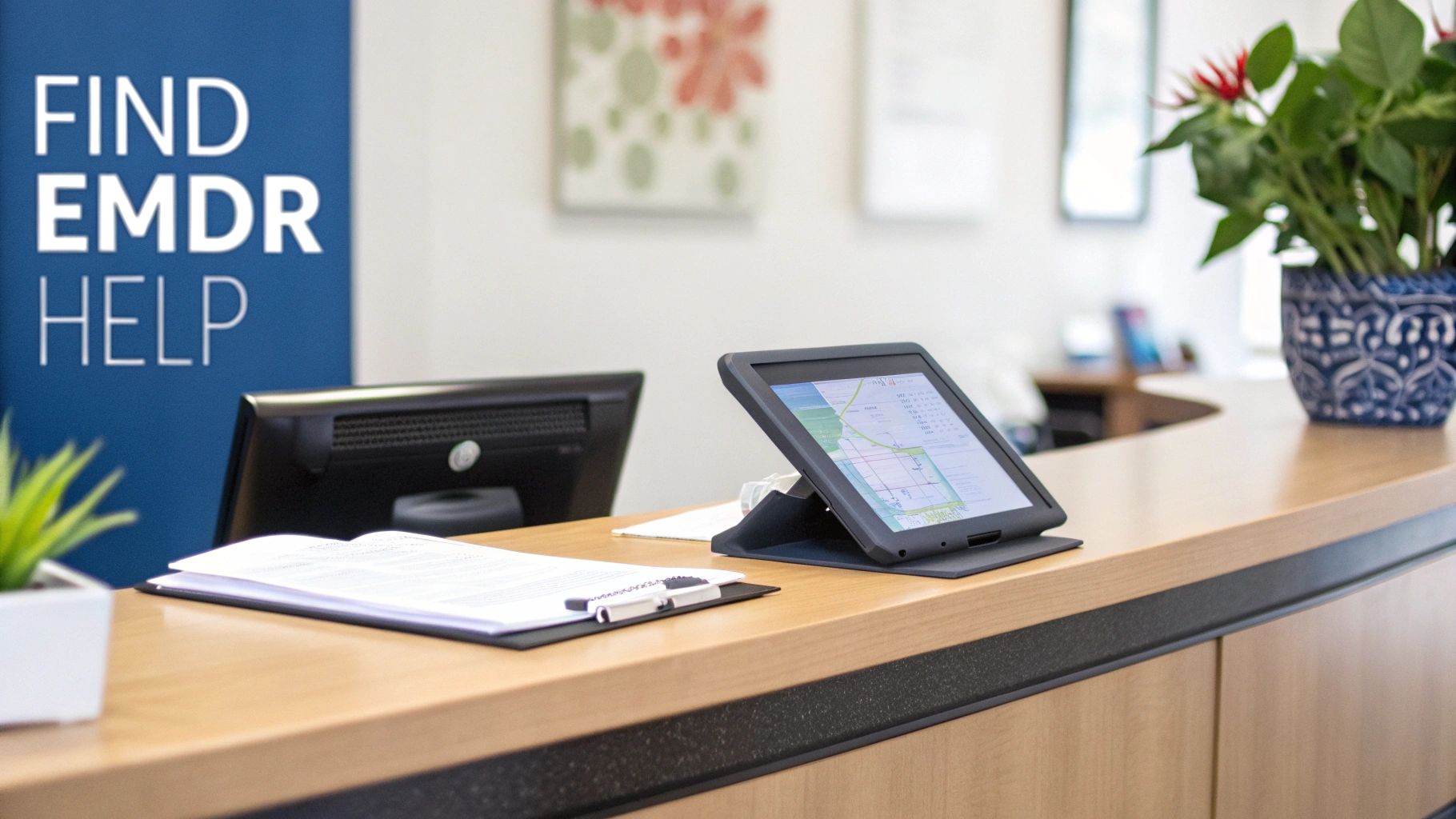 Reception desk with a 'FIND EMDR HELP' sign, a tablet, monitor, and plants.