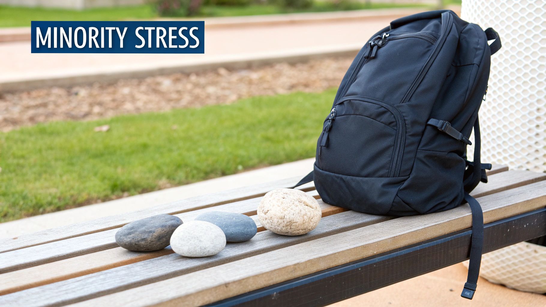 A black backpack and four smooth stones sit on a wooden park bench with a 'MINORITY STRESS' sign.