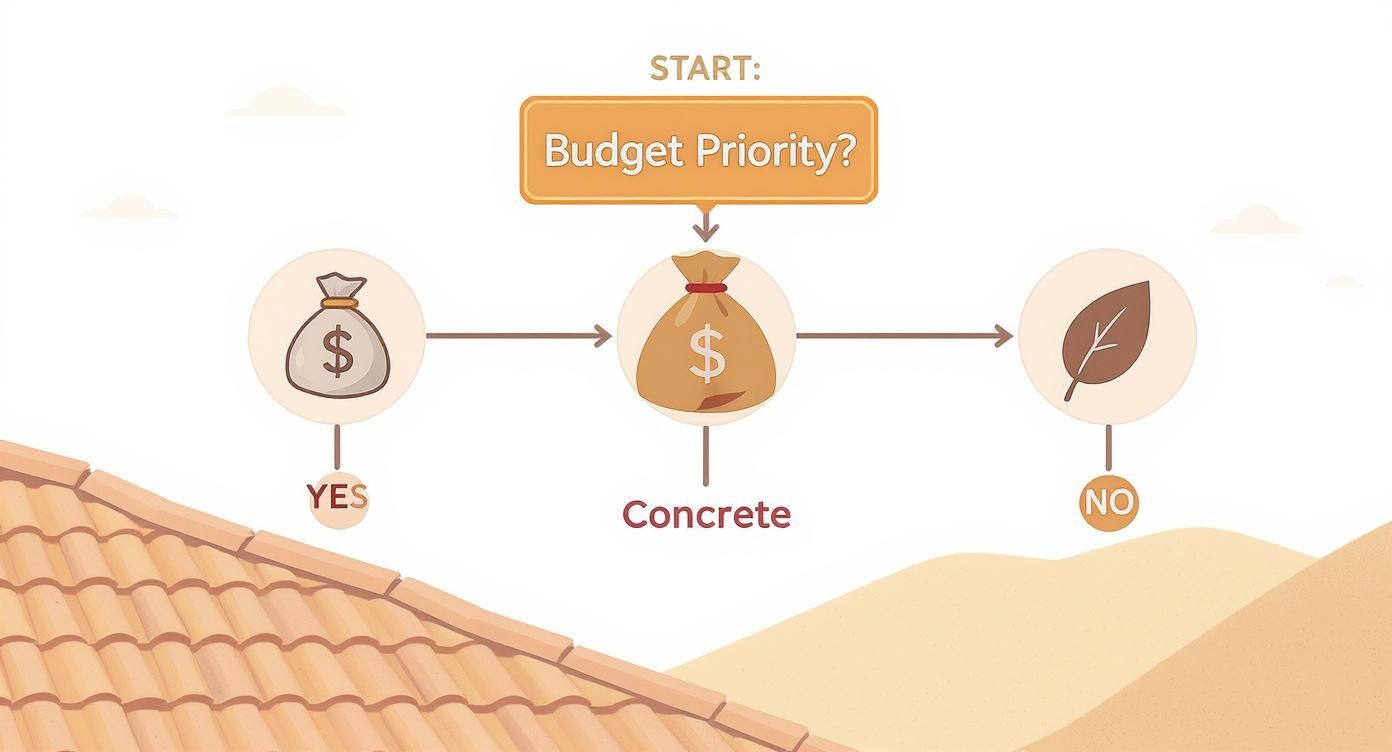 A flowchart diagram illustrates a budget priority decision, leading to concrete or other choices.