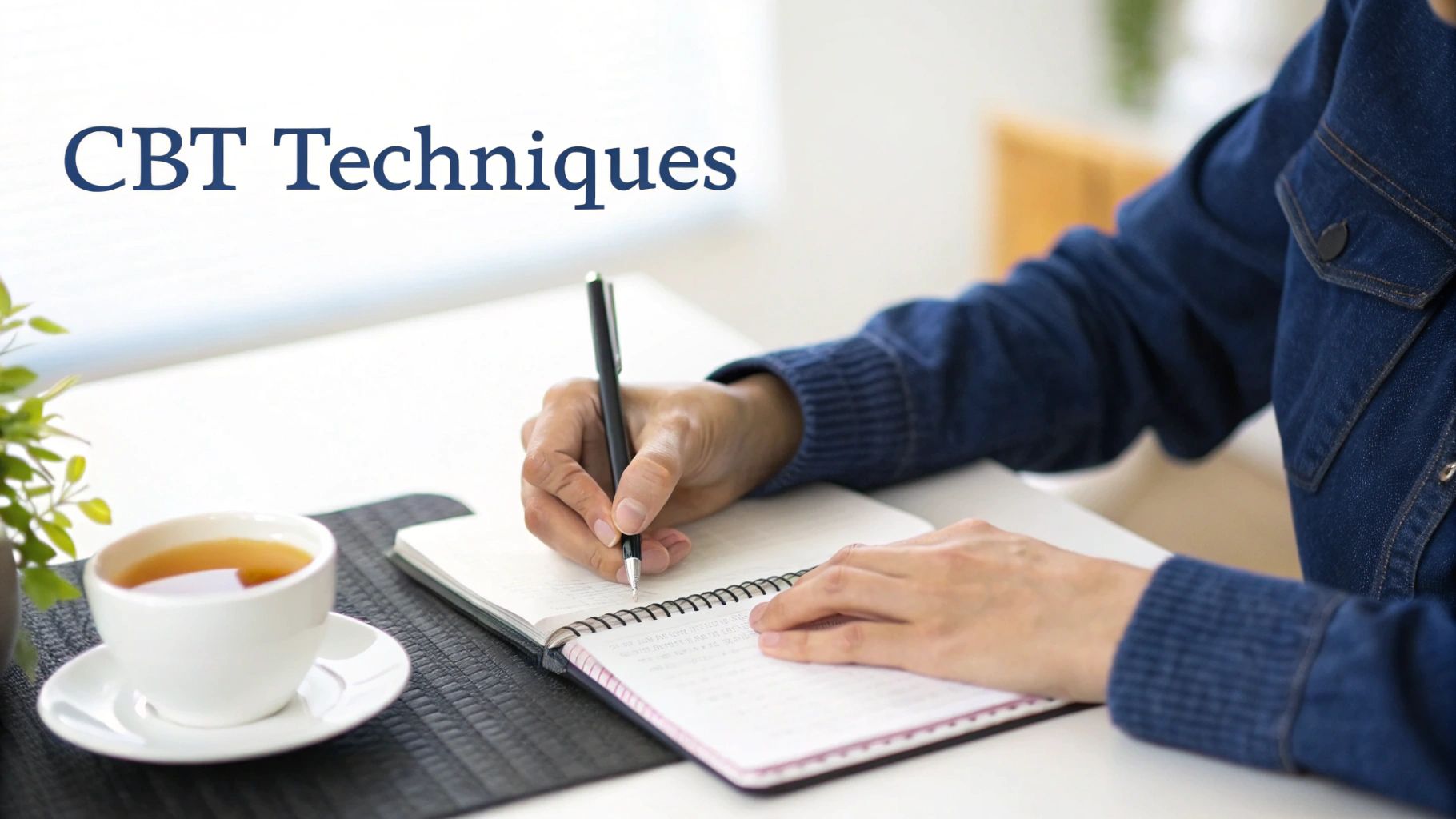 Person writing CBT techniques in notebook with pen at desk with tea cup
