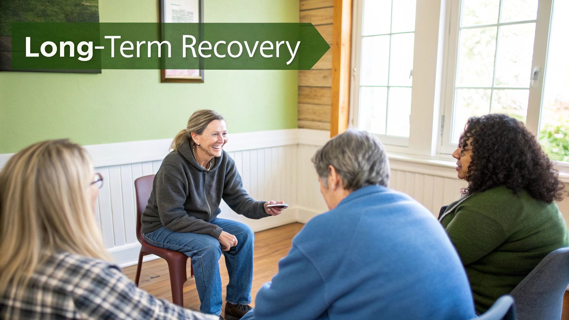 Diverse adults gather in a support group, with one woman smiling and sharing her phone during a recovery meeting.