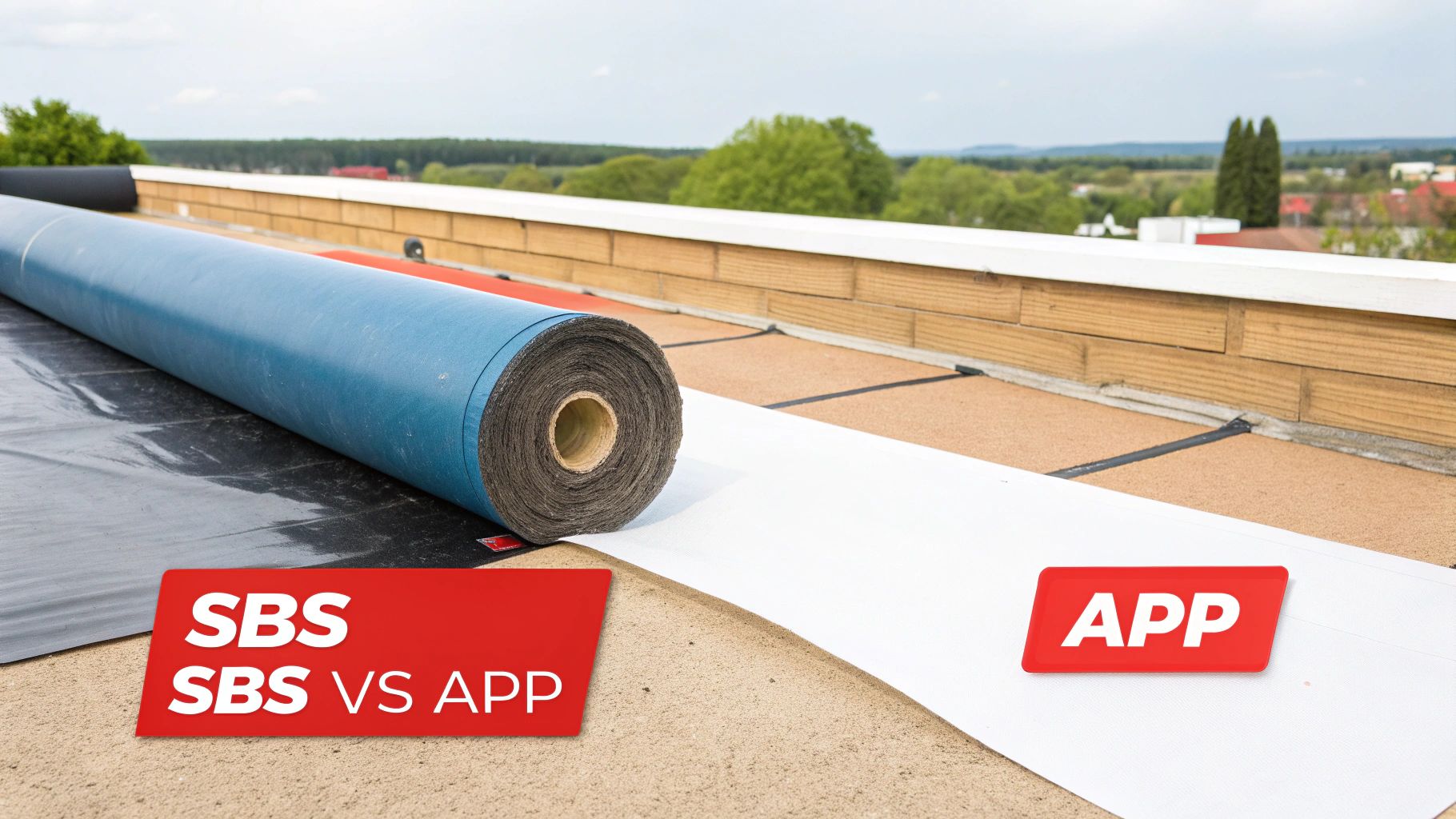 Workers installing a layer of modified bitumen roofing on a large commercial building.
