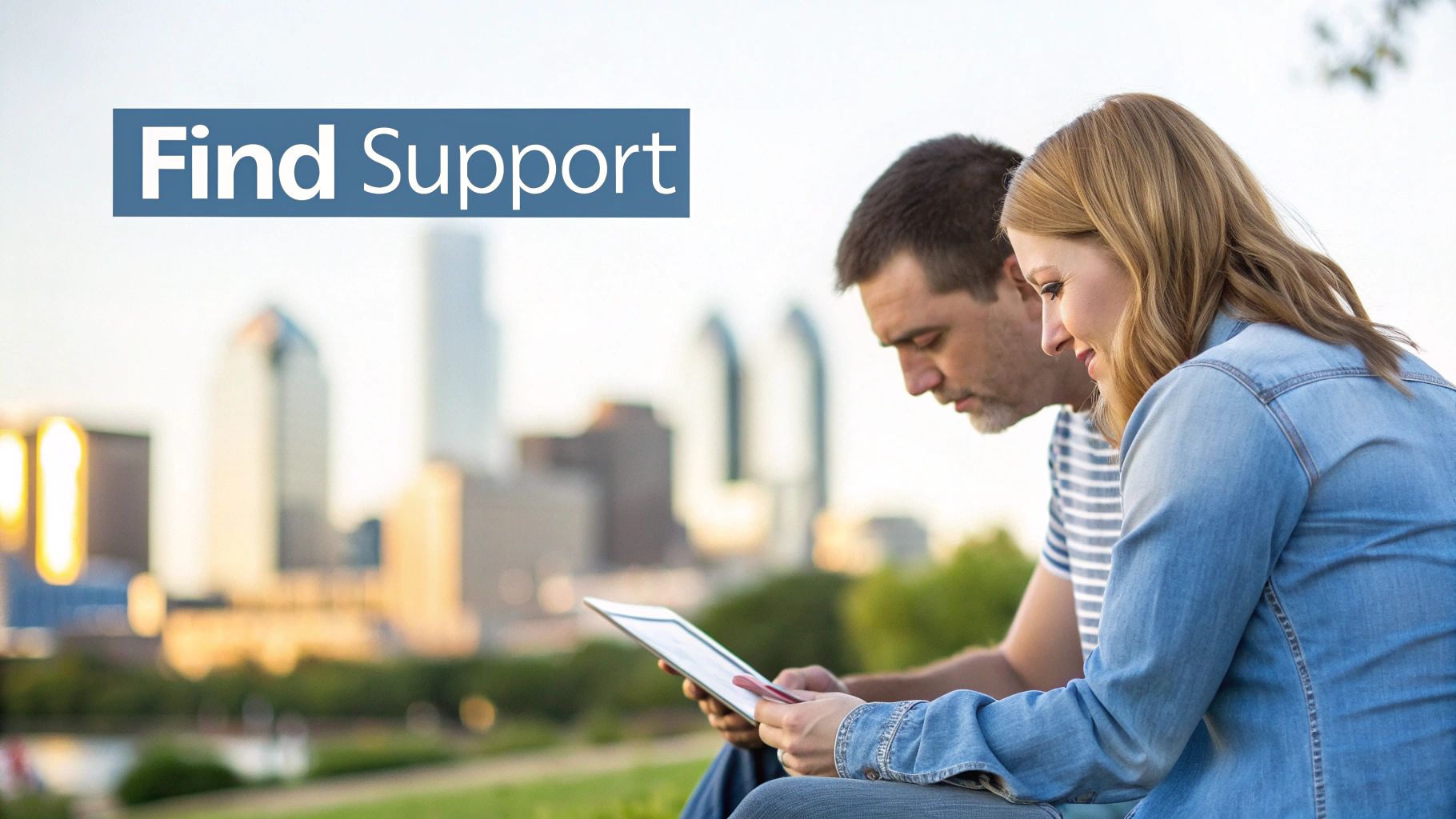 A couple, a man and a woman, looking at a tablet together outdoors with a city skyline in the background. Text overlay reads "Find Support".