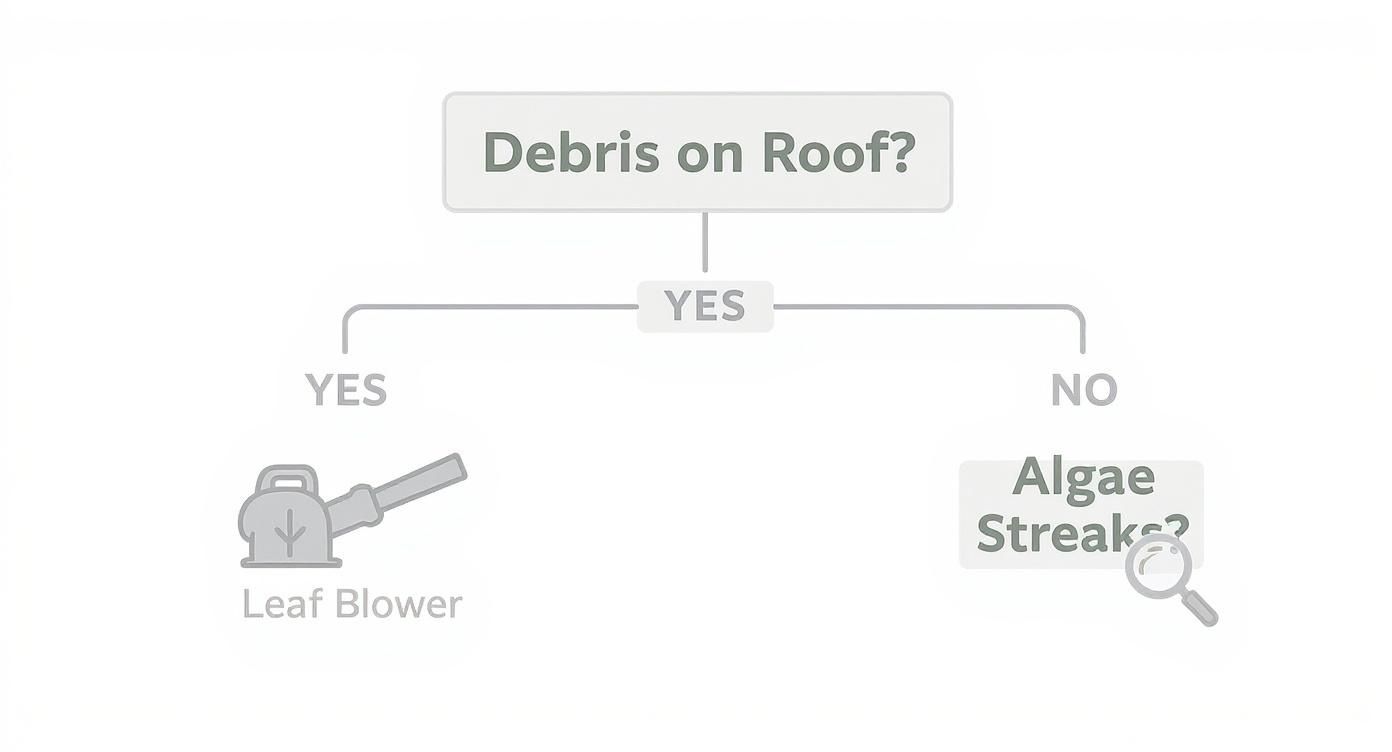 Infographic showing a decision tree for roof cleaning, starting with 'Debris on Roof?'