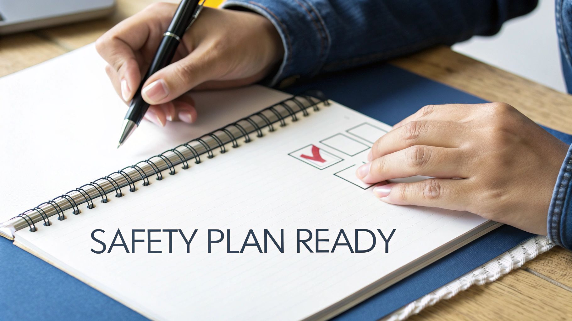 Close-up of a person's hands writing in a notebook, with "SAFETY PLAN READY" text and a checked box.