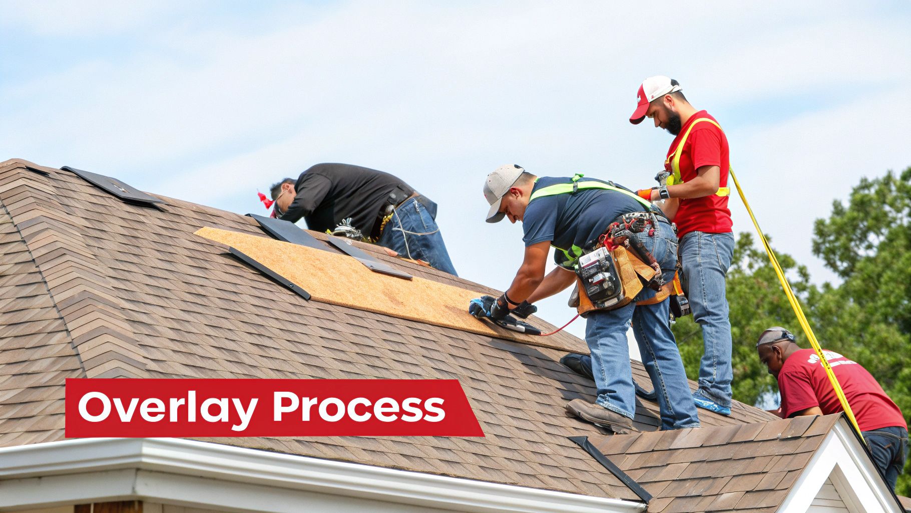Professional roofing crew installing new shingles and plywood decking on residential roof