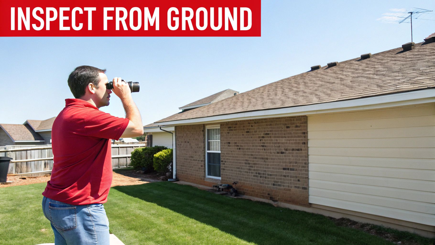 A homeowner using binoculars to inspect their shingle roof from the safety of the ground.