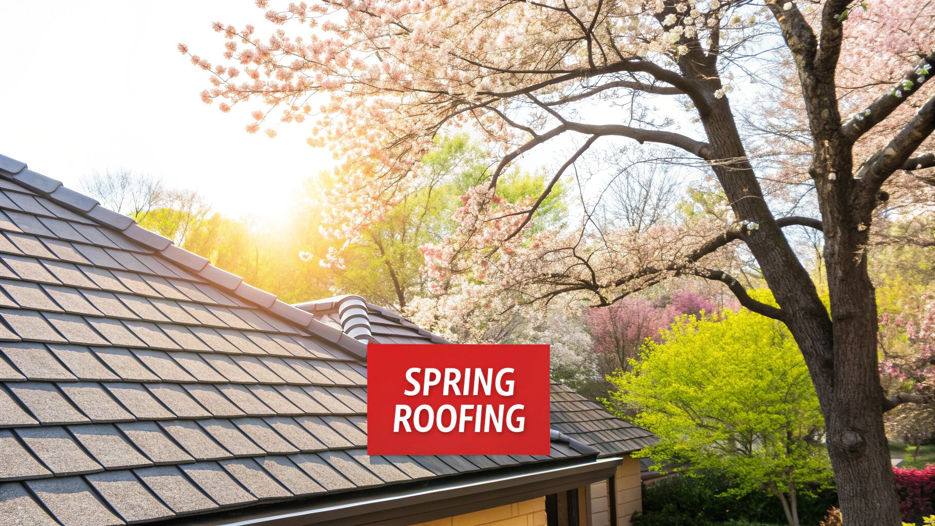A professional roofer carefully installing new shingles on a home with green trees in the background, signifying springtime.