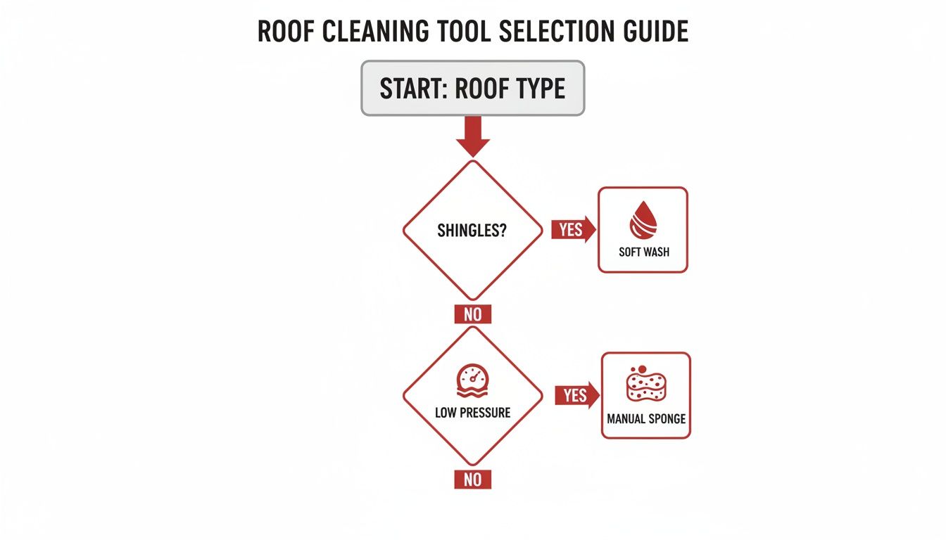 Flowchart guiding roof cleaning tool selection based on roof type, shingles, and pressure.