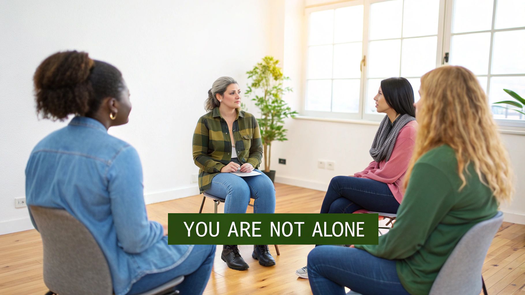 Four diverse women sitting in a circle, engaged in a supportive group therapy session with a facilitator.