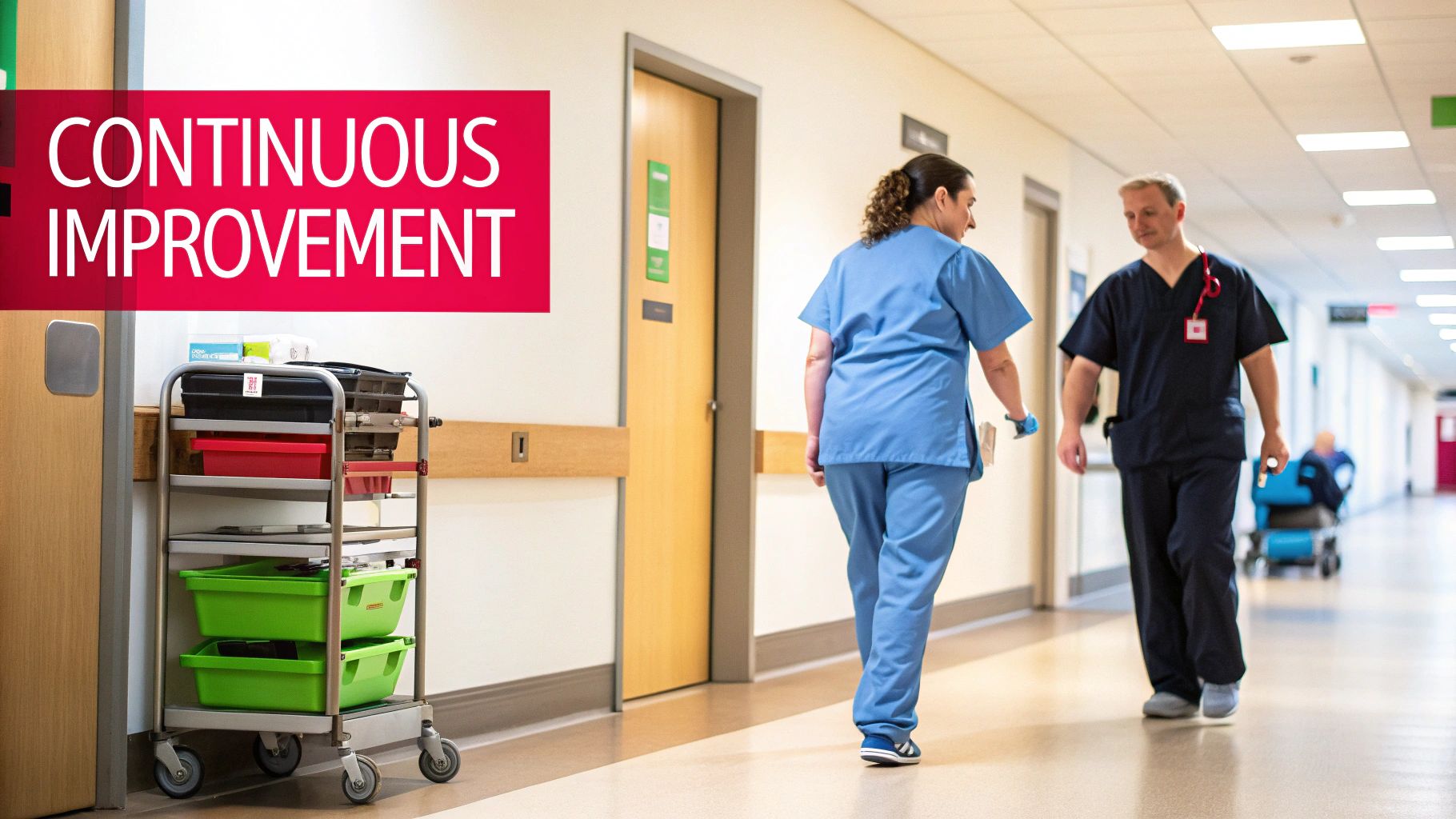 Two healthcare professionals walk past a medical cart in a hospital corridor under 'CONTINUOUS IMPROVEMENT' text.