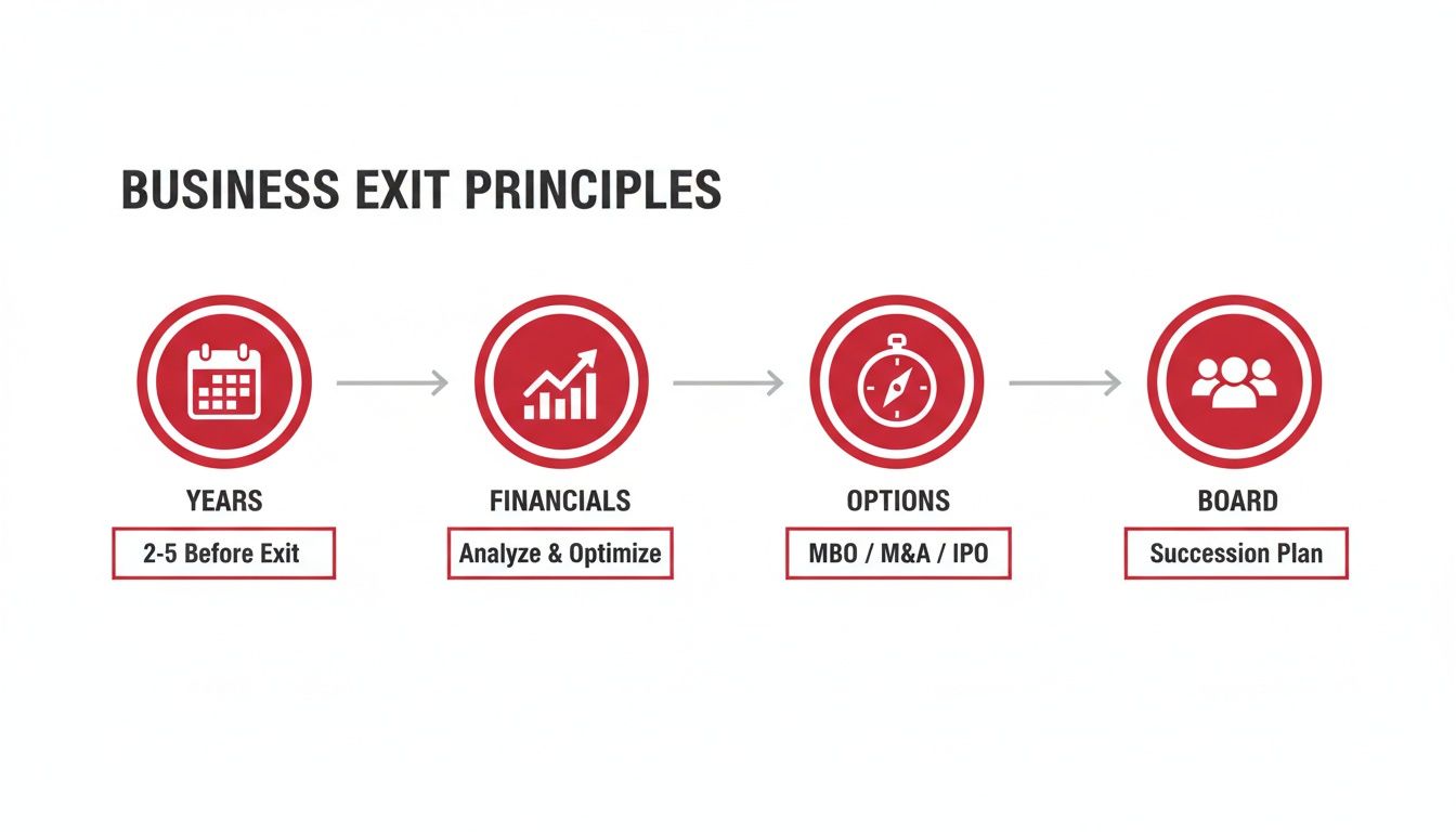 A diagram outlining business exit principles, covering years before exit, financials, options, and board succession plan.