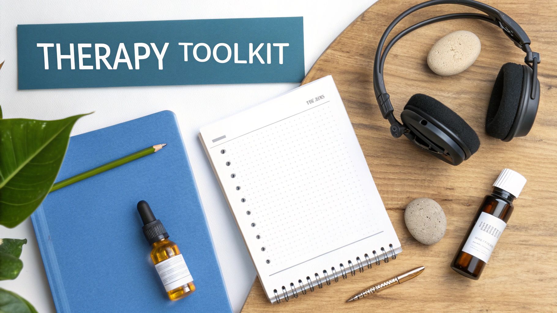 Therapy toolkit flat lay with notebooks, headphones, dropper bottles, and relaxation stones on a wooden surface.