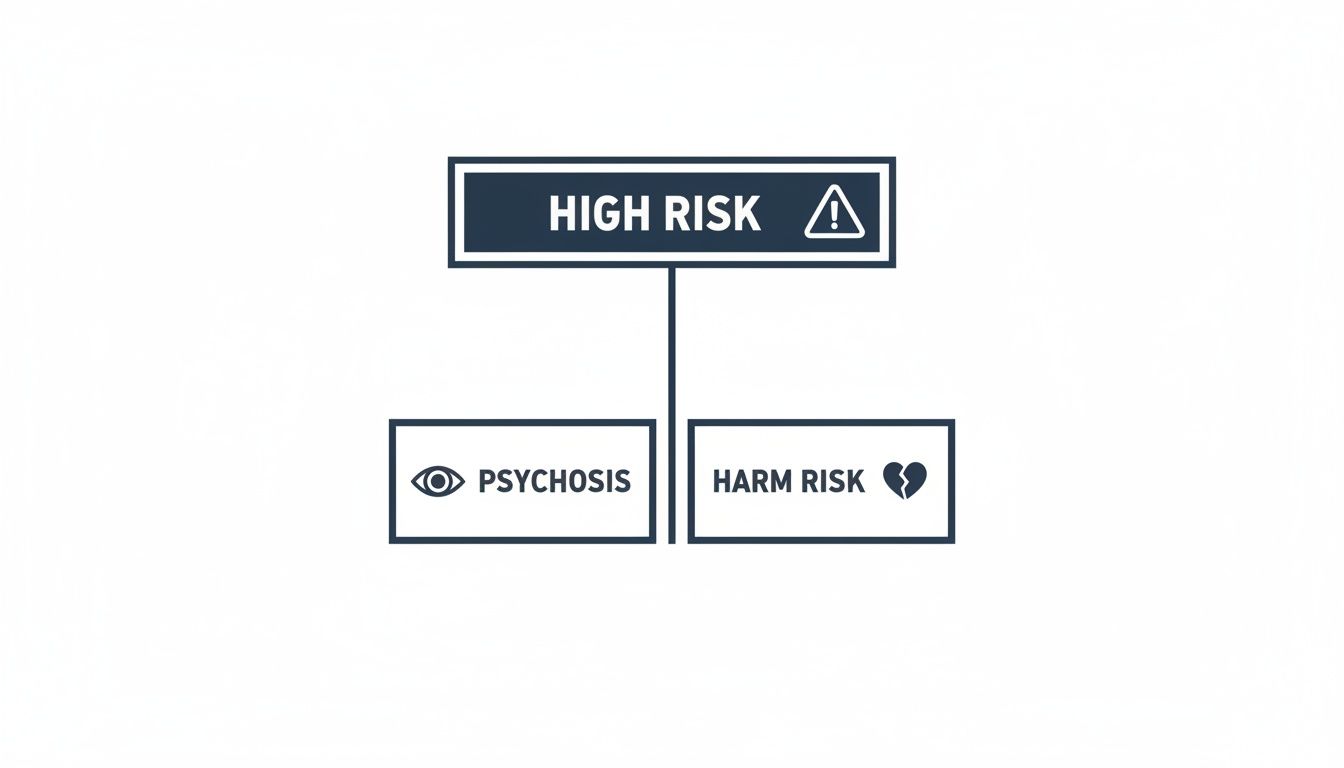 A diagram showing 'High Risk' factors, including 'Psychosis' and 'Harm Risk,' with relevant icons.