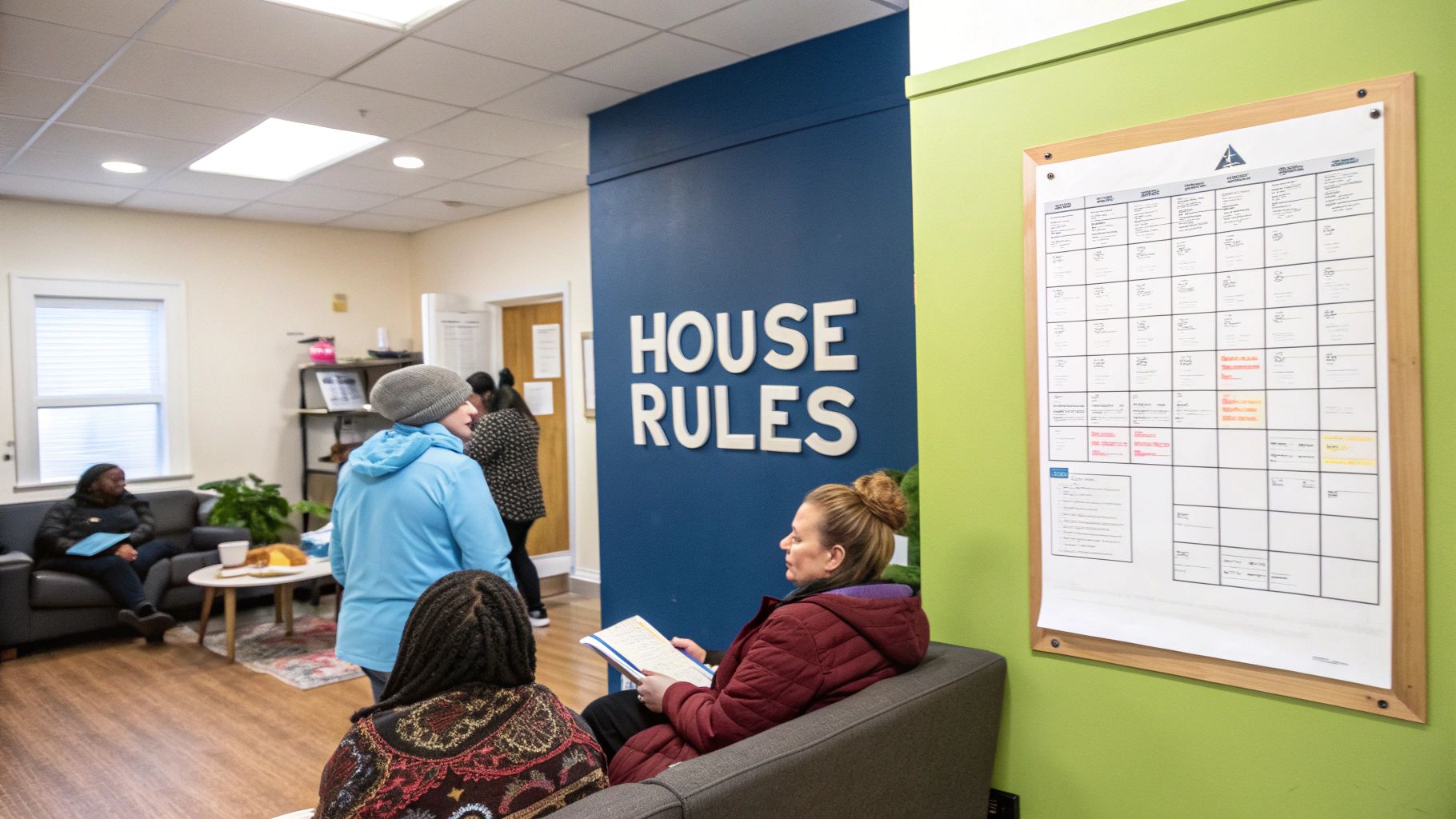 People gathered in a common room, with 'HOUSE RULES' on a blue wall and a calendar.