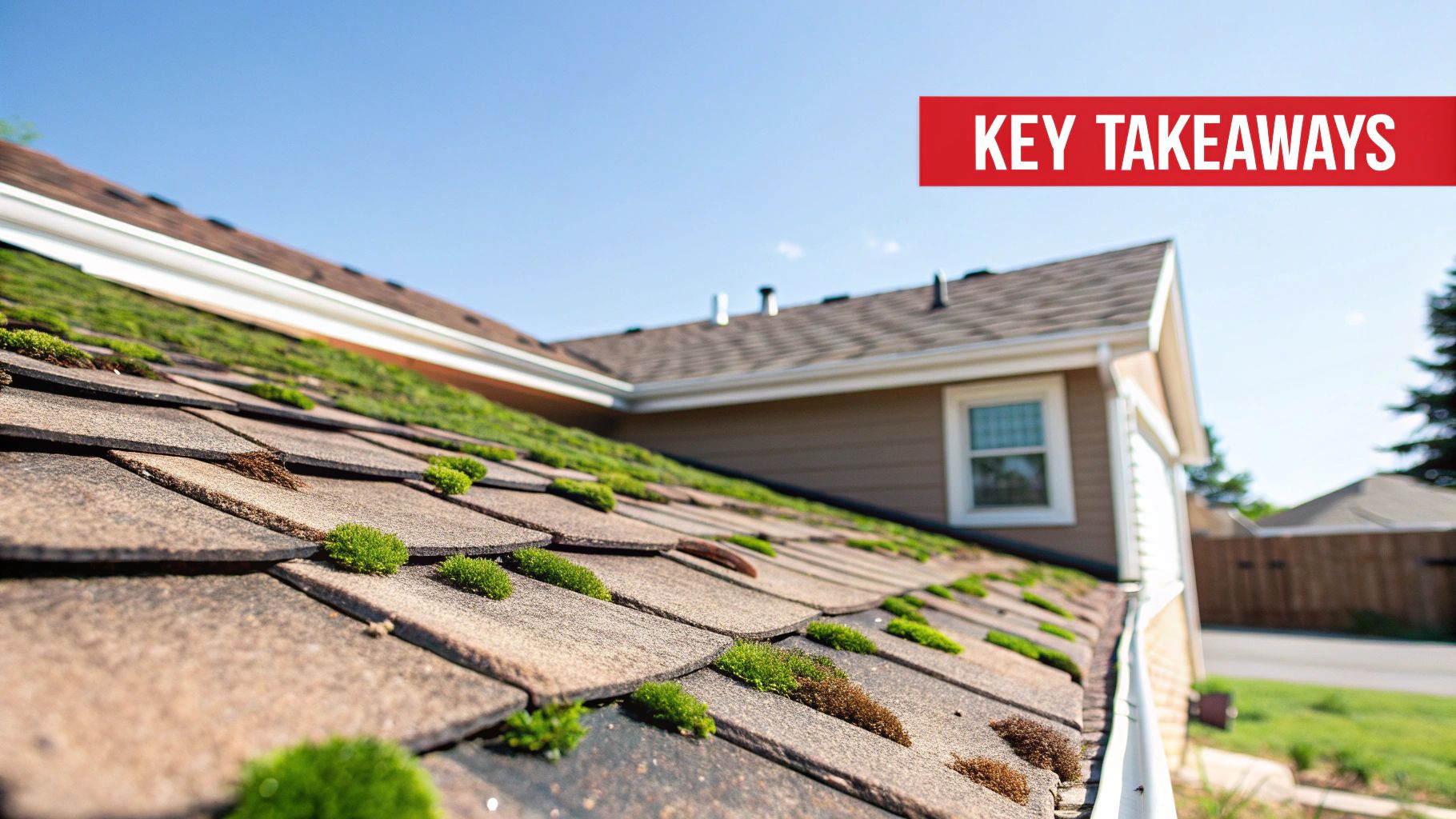 Close-up of a house roof covered with green moss and brown shingles under a clear blue sky.