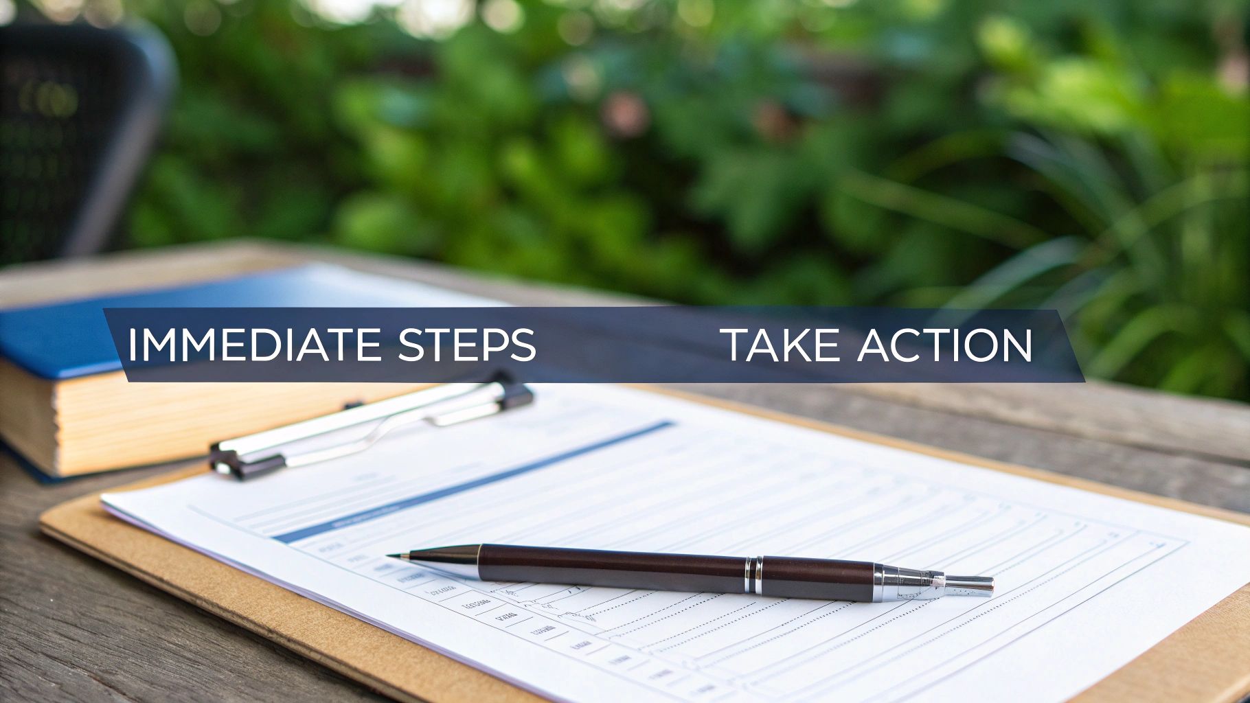 Clipboard with documents and pen on wooden desk displaying immediate steps and take action banners