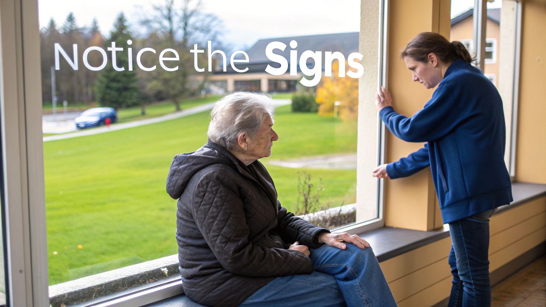 An elderly woman sits by a window with "Notice the Signs" text, while a younger woman stands nearby.