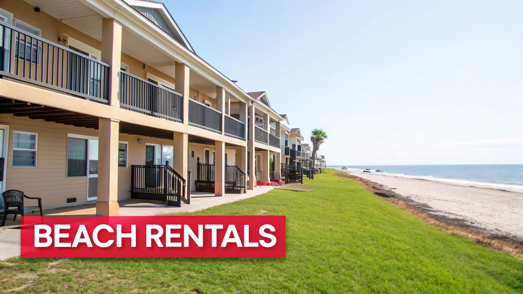 Top 10 Best Markets for Rental Properties in 2025 Beachfront rental properties with balconies and green grass, overlooking a sandy beach and the ocean.