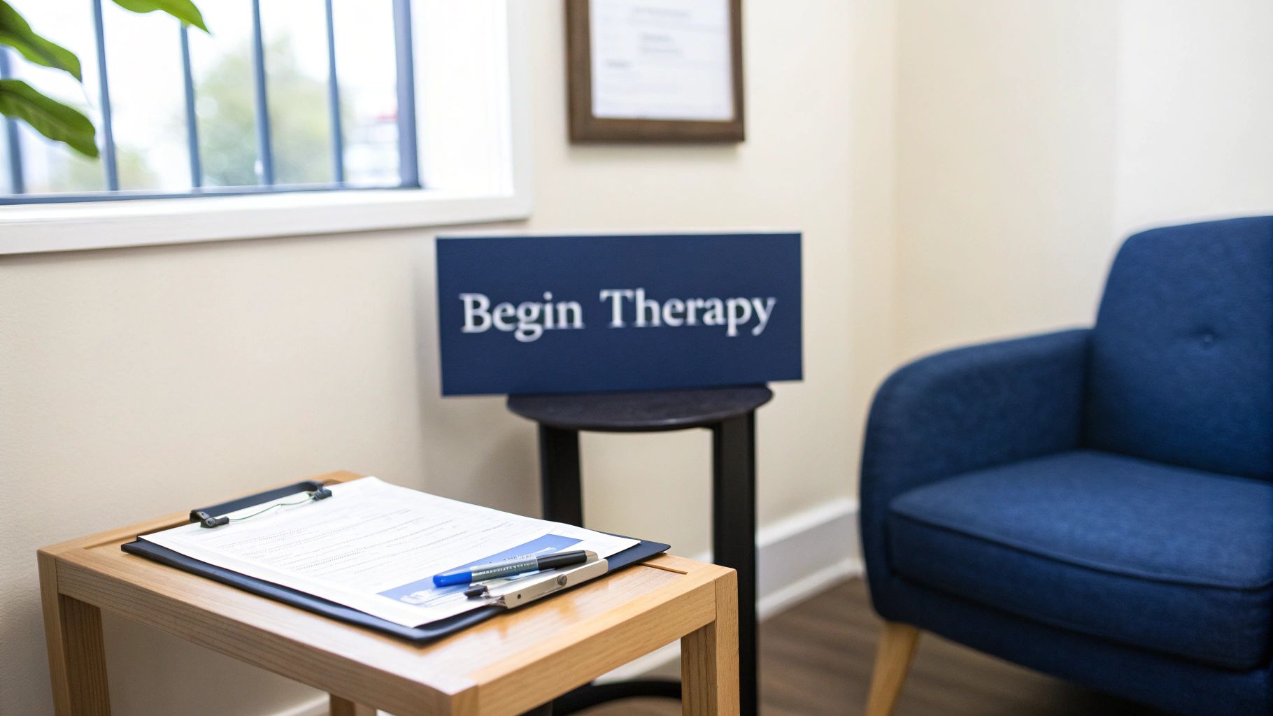 Professional therapy office with clipboard, pens and Begin Therapy sign on table near blue chair