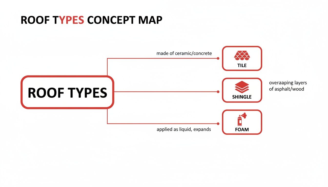A concept map illustrating three main roof types: tile (ceramic/concrete), shingle (asphalt/wood), and foam (liquid-applied, expands).