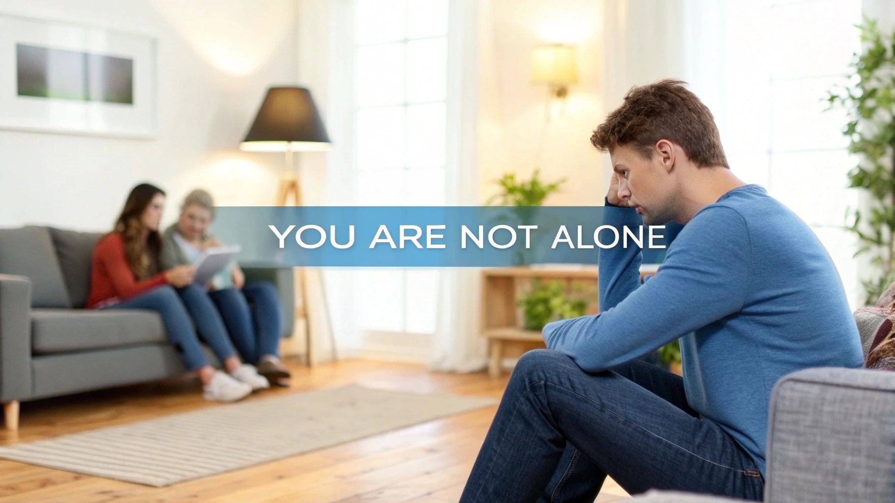 A concerned family member sitting opposite a loved one, creating a sense of supportive yet serious conversation.