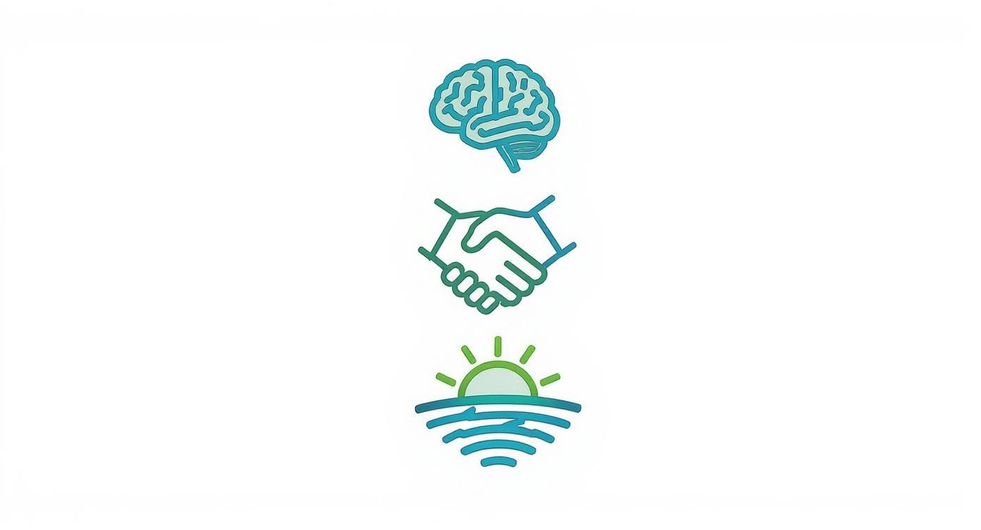 Three icons: a brain, a handshake, and a sunrise over water, representing support and recovery.