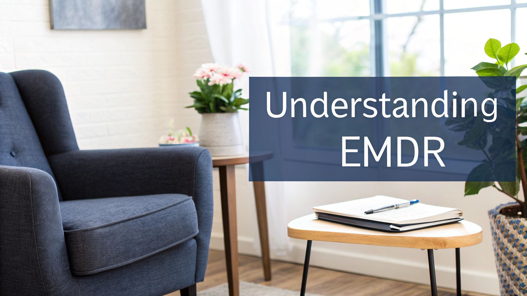 A comfortable therapy room setup featuring an armchair, plants, and a notebook with 'Understanding EMDR' text.