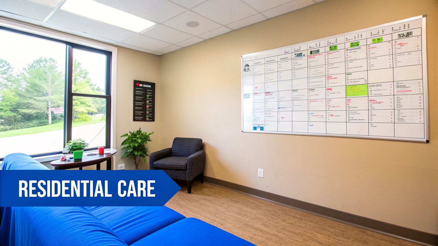 A serene, sunlit room with comfortable furniture, representing the safe and calming environment of an inpatient facility.