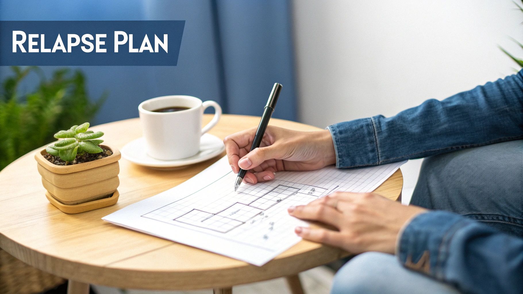 Person writing on a relapse plan with coffee and a plant on a wooden table.