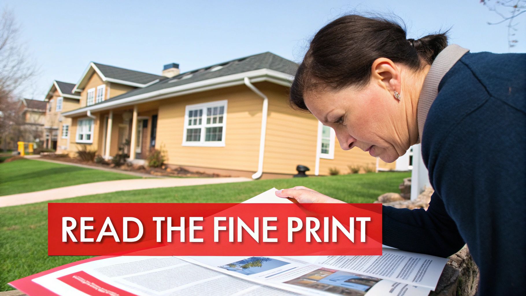 A person carefully reviewing a roofing contract with a magnifying glass.