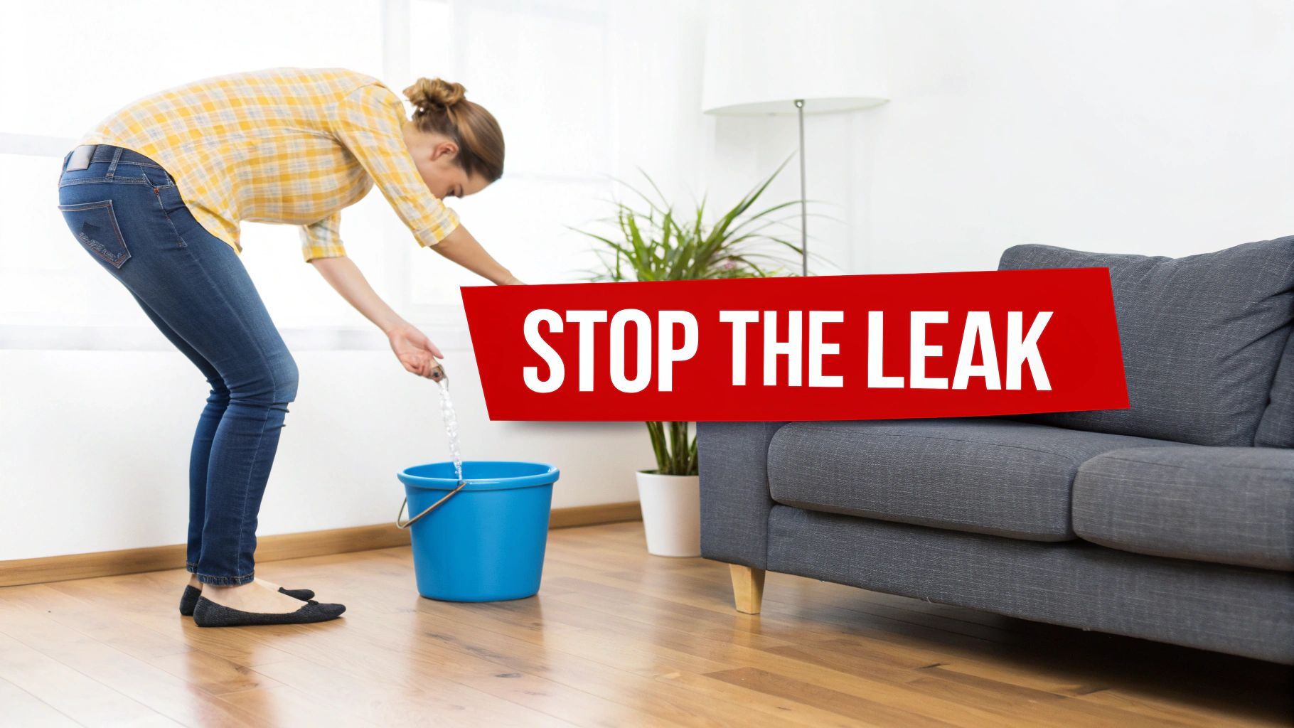 A woman collects water dripping from a ceiling into a blue bucket, with 'STOP THE LEAK' text.