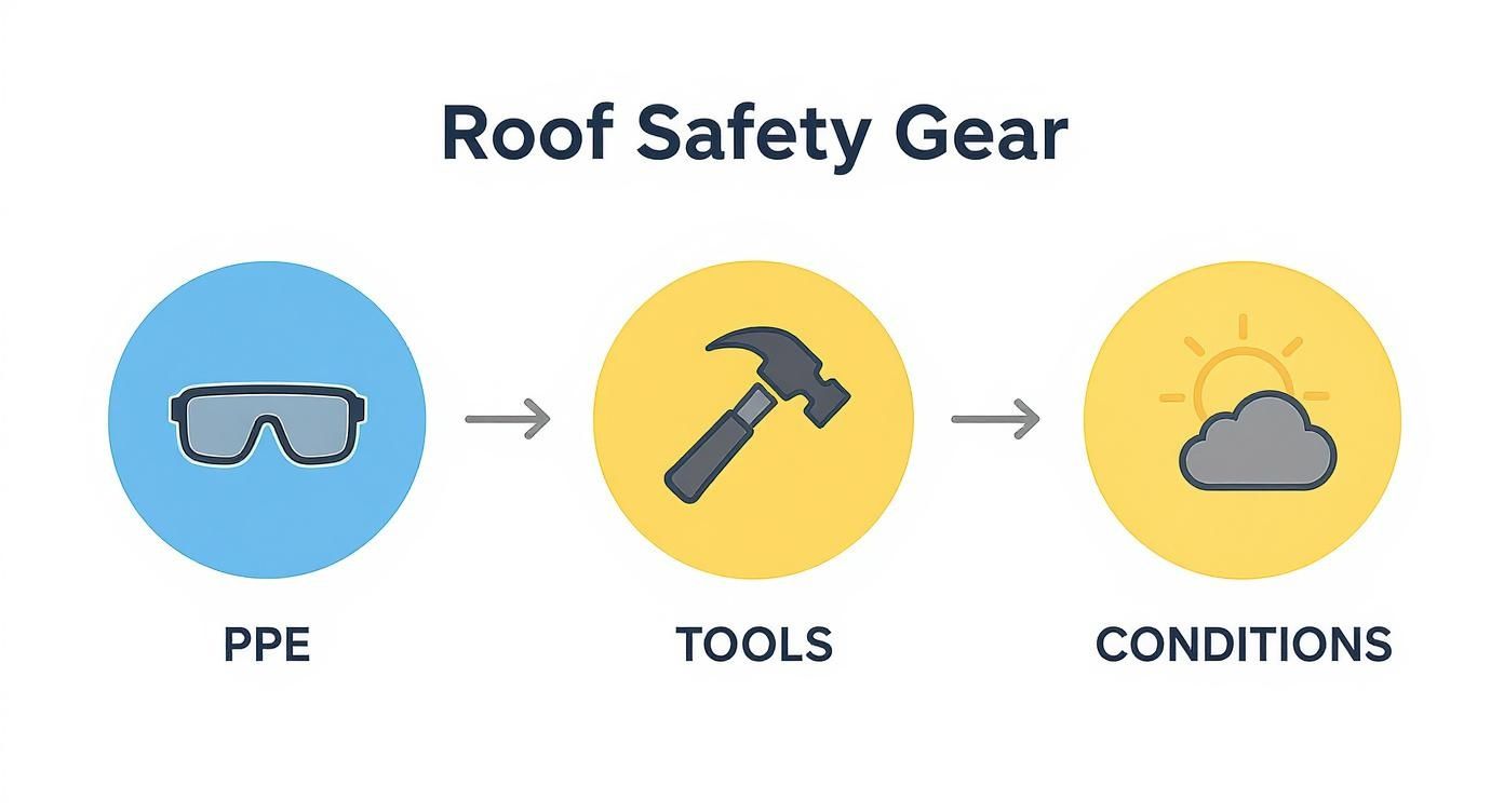 An infographic showing roof safety gear categories: PPE (goggles), Tools (hammer), and Weather Conditions (sun and cloud).