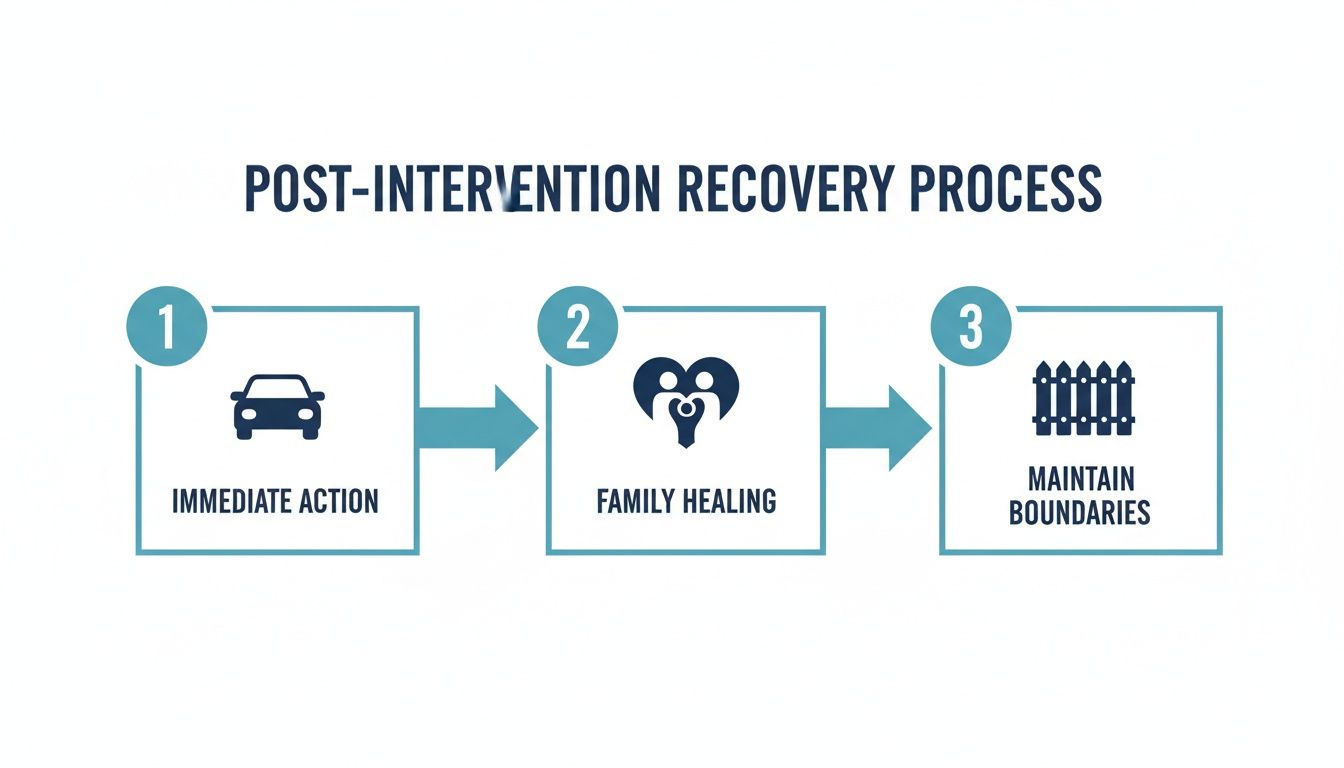 A diagram showing a three-step process: Immediate Action, Family Healing, and Maintain Boundaries.