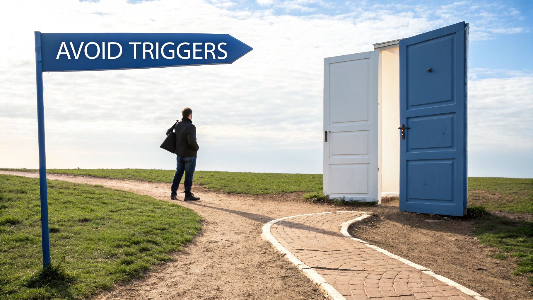 A person pausing at a fork in the road, symbolizing the choice to avoid a triggering path in their recovery journey.