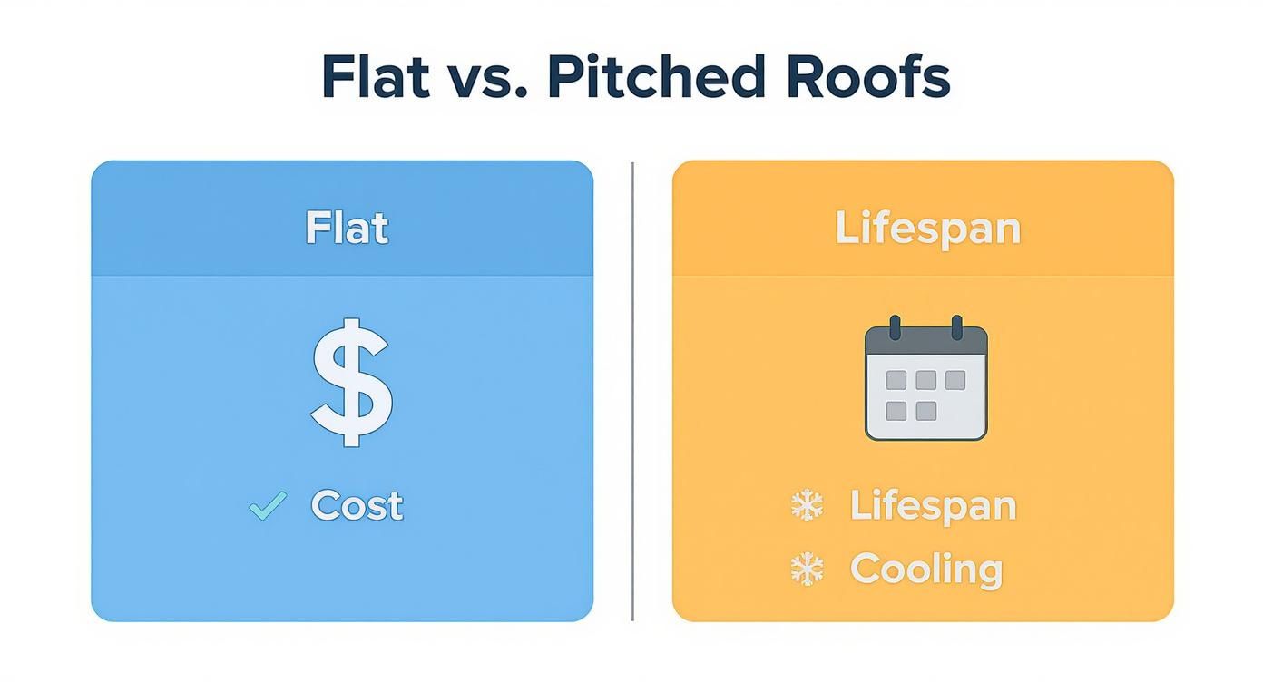 An infographic comparing flat vs. pitched roofs, highlighting cost for flat roofs and lifespan/cooling for pitched roofs.