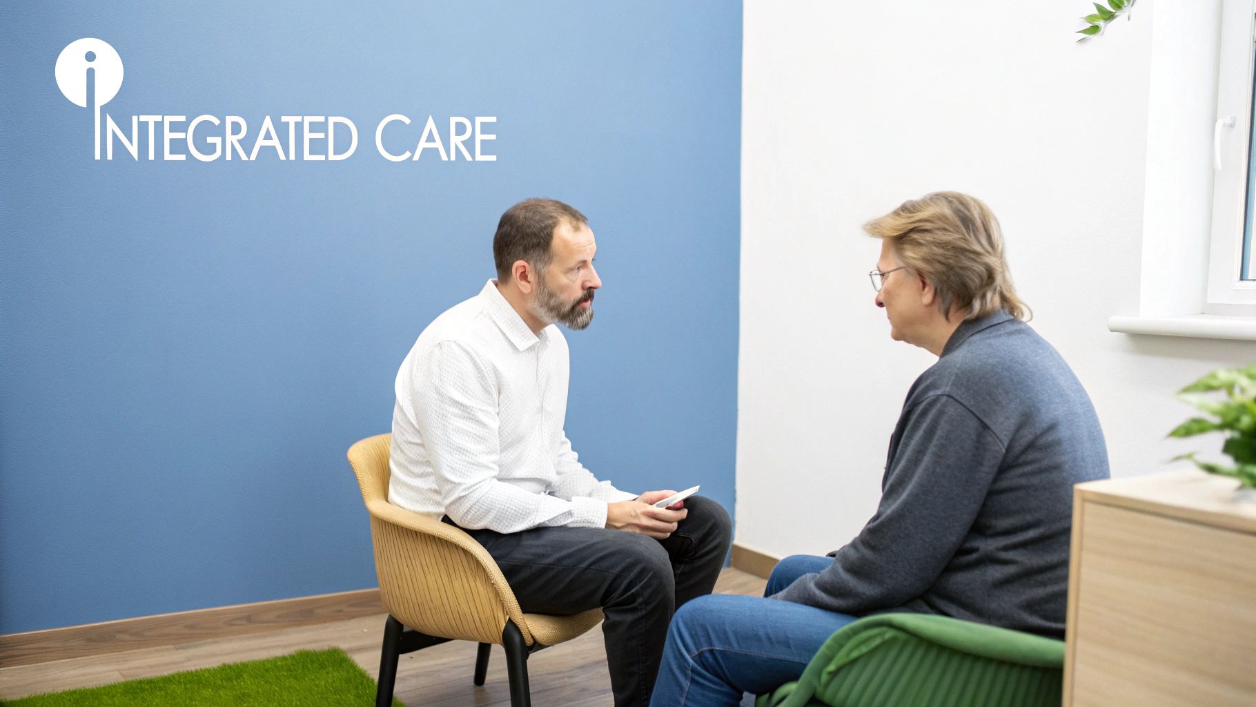A male therapist and female patient in a quiet, modern integrated care counseling session.